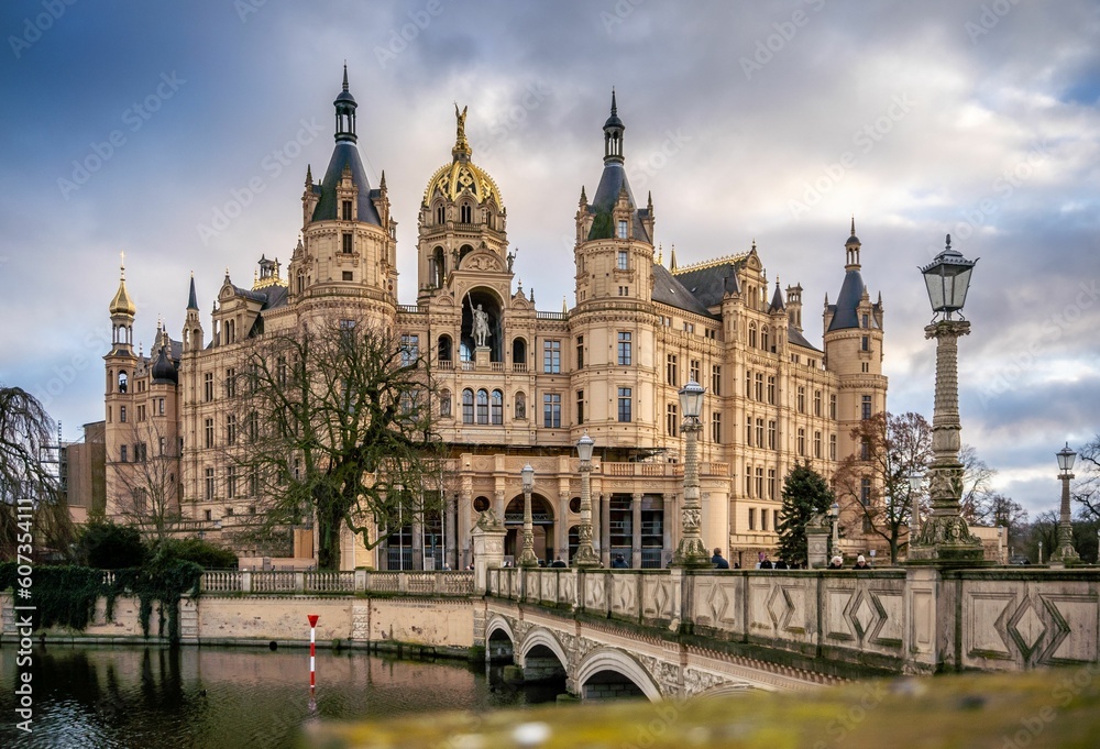 Schwerin Castle in Schwerin, Germany against blue cloudy sky background