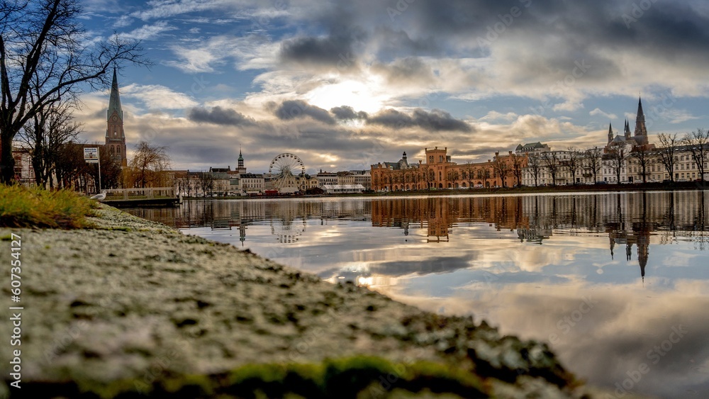 Low angle shot of rows of historical buildings along the River Tay in Scotland