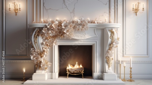 Fotografiet Fireplace in luxury home interior design close. Generative AI