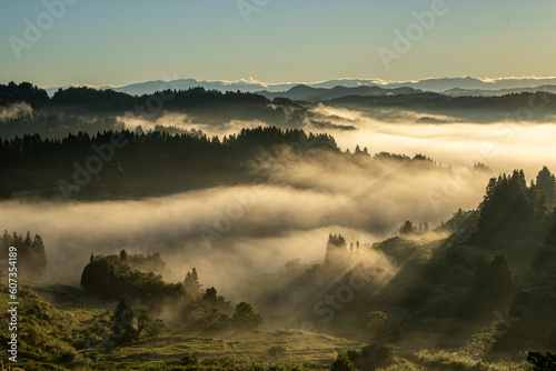 Terraced rice field, sea of ​​clouds and beam of light