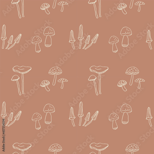 Mushroom. Seamless pattern with mushrooms. Repeating background with fly agaric, fungus, boletus, forest motif. For packaging, textile, print, template, card. Decorative ornament. Hand drawn. 