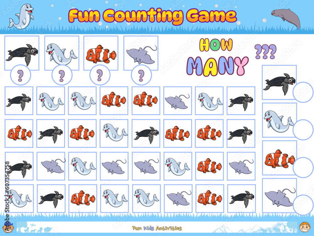 Fun counting game with cartoon Dolphin, Clownfish, turtle and stingray. 