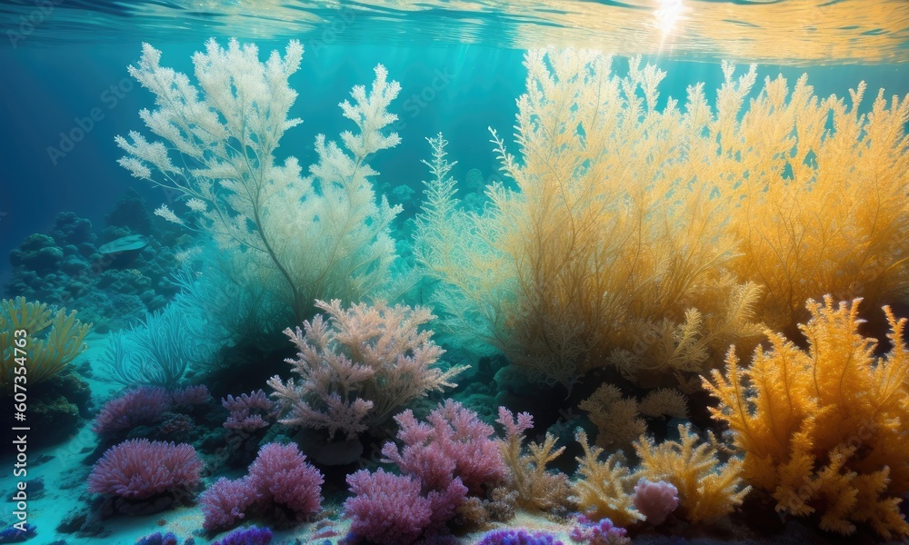 Obraz premium Beautiful underwater view with tropical colorful coral reefs. Generative AI