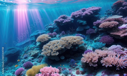 Beautiful underwater view with tropical colorful coral reefs. Generative AI