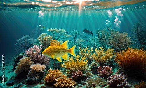 Beautiful underwater view with tropical fish  coral reefs. Generative AI