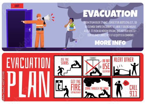 Fire evacuation infographic posters set, flat cartoon vector illustration.