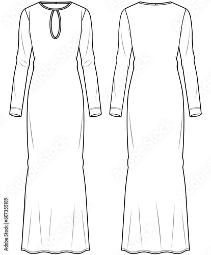 womens long sleeve keyhole neck maxi dress flat sketch vector illustration technical cad drawing template