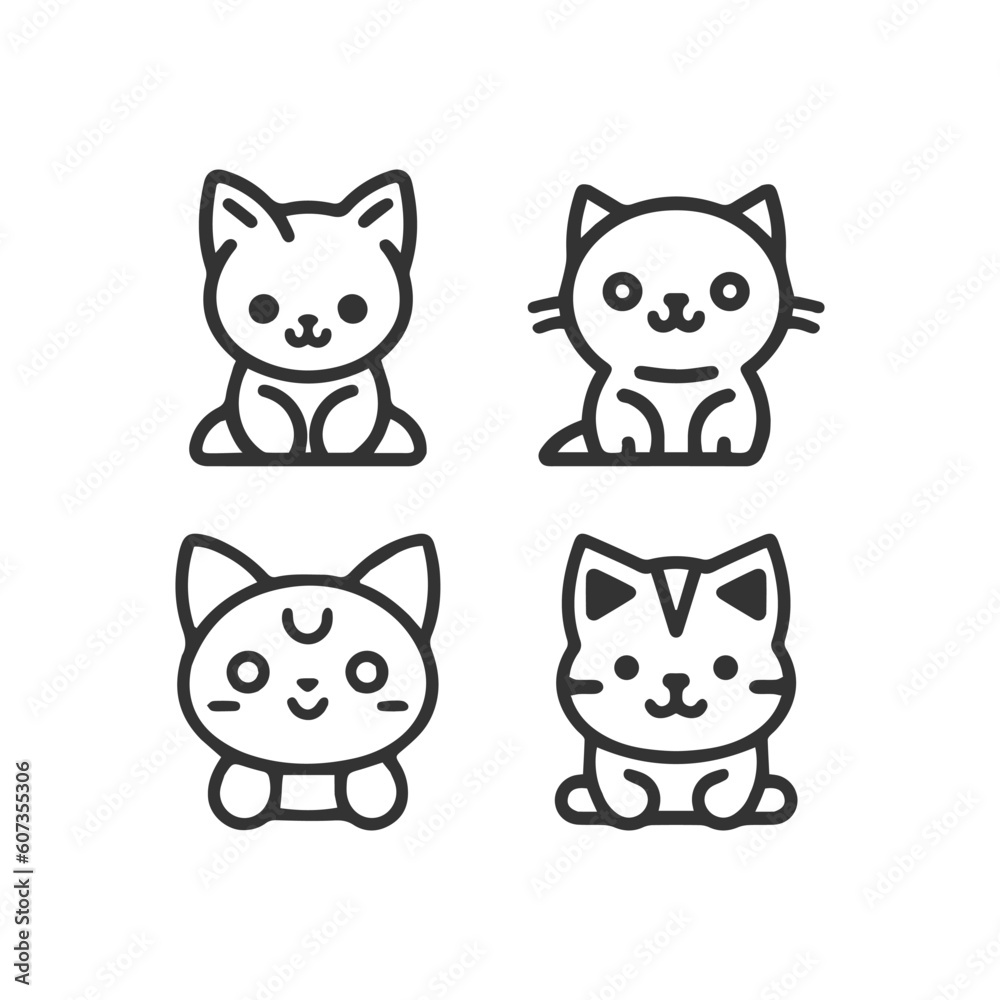 Cartoon cat, kitten face line vector icon set isolated
