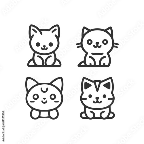 Cartoon cat, kitten face line vector icon set isolated