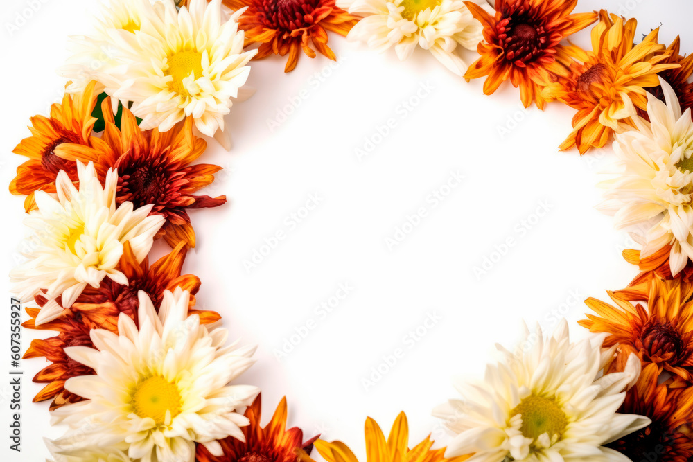 Yellow, orange, ochre and brown flower frame layout with text space, copy space. Wedding concept, Birthday concept, Congratulations concept. Women's Day, Mother's Day, Valentine's Day. Generative AI. Yellow, orange, ochre and brown flower frame layout with text space, copy space. Wedding concept, Birthday concept, Congratulations concept. Women's Day, Mother's Day, Valentine's Day. Generative AI.
