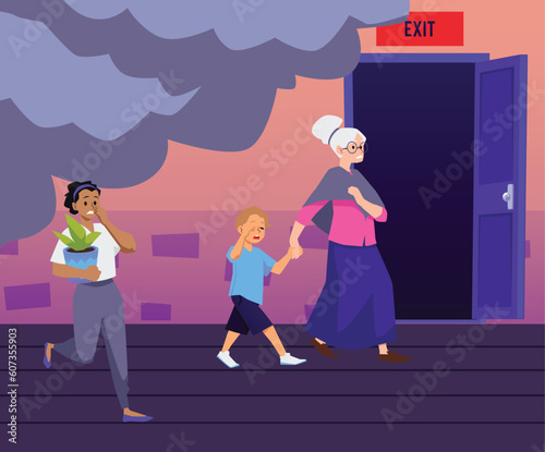 Scared grandmother with the boy holding hands and dark-skinned woman with a pot of plants quickly are evacuating, runing from fire and smoke, vector Illustration flat design style