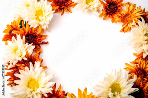 Yellow, orange, ochre and brown flower frame layout with text space, copy space. Wedding concept, Birthday concept, Congratulations concept. Women's Day, Mother's Day, Valentine's Day. Generative AI.