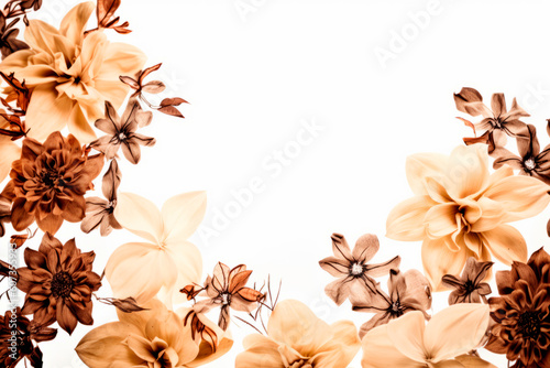 Orange, ochre and brown flower frame layout with text space, copy space. Wedding concept, Birthday concept, Congratulations concept. Women's Day, Mother's Day, Valentine's Day. Generative AI.