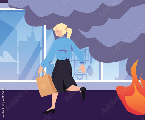 Scared woman with a bag quickly runs, evacuates from smoke and fire on the background of the windows of the building, vector Illustration flat design style