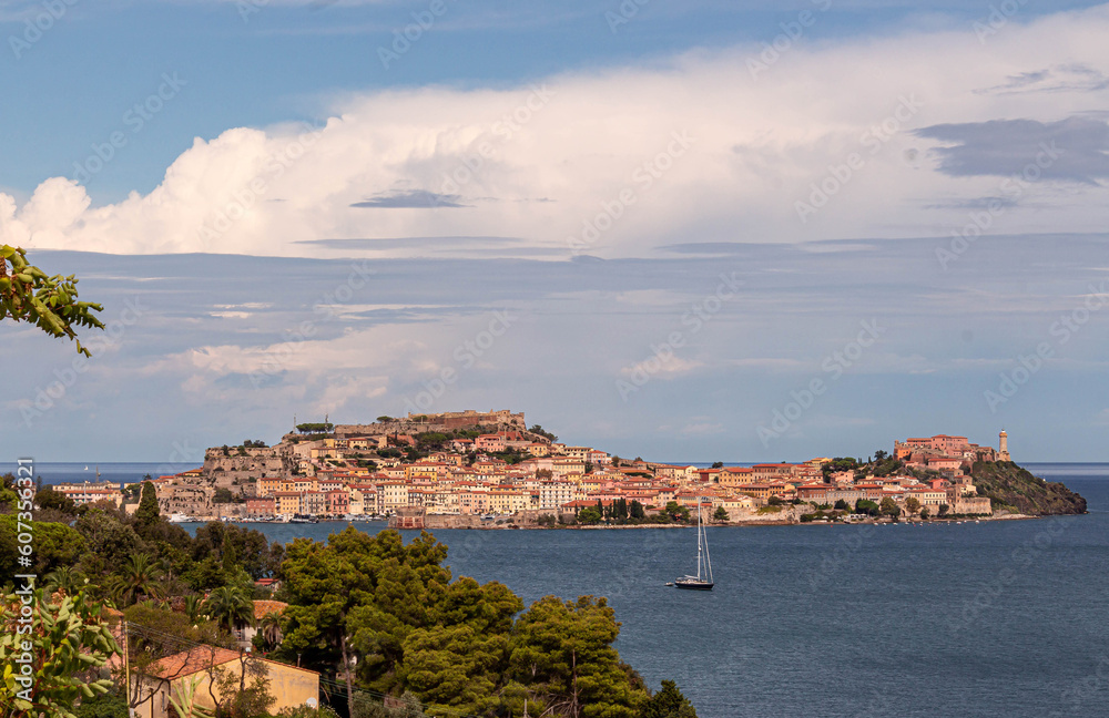 View from viewpoint Punta delle grotte to historic city of Portoferraio Elba, Tuscany, Italy