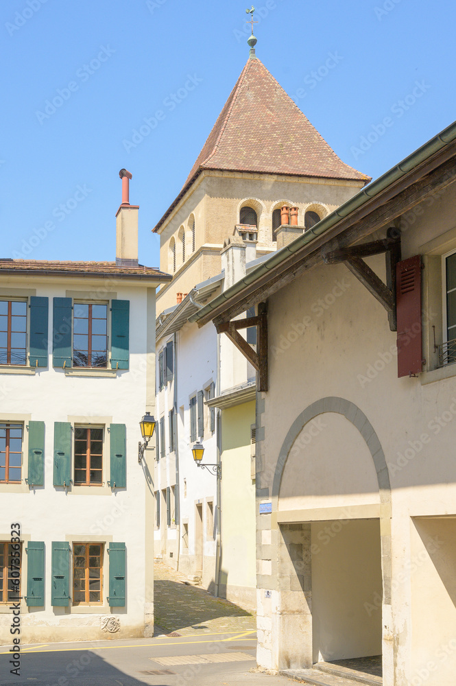 Nyon, Switzerland, 26. May 2023: View of the heart of Nyon Old Town at a sunny summer day