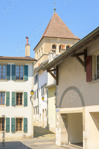 Obraz na płótnie Nyon, Switzerland, 26. May 2023: View of the heart of Nyon Old Town at a sunny summer day w salonie