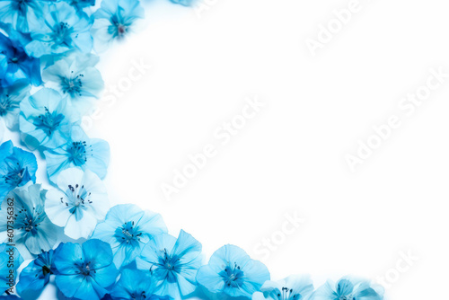Blue and white flower frame layout with text space, copy space. Wedding concept, Birthday concept, Congratulations concept. Women's Day, Mother's Day, Valentine's Day. Generative AI.