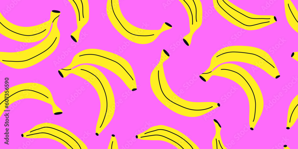 Vector seamless yellow banana pattern. Bright pink background. Trendy hand drawn exotic texture. Modern abstract design for paper, cover, fabric.
