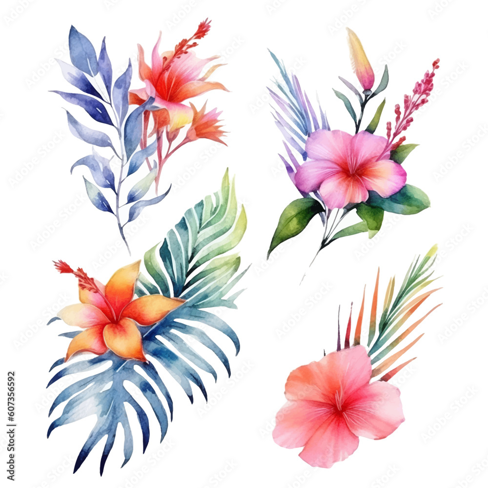 Set of tropical floral watecolor. tropical flower, tropical leaves. tropical poster, invitation floral. Vector arrangements for greeting card or invitation design