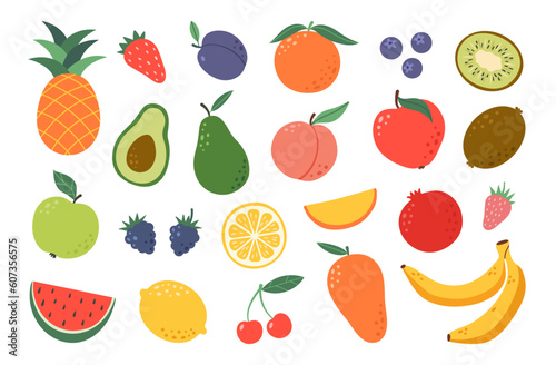 Fototapeta Naklejka Na Ścianę i Meble -  Set hand drawn colorful fruits and berries. Natural tropical fruits. Apple, peach, strawberry, banana, pomegranate, pineapple, pear, avocado, cherry. Organic, vegan food illustration.