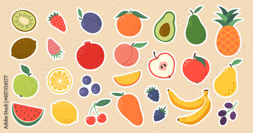 Fototapeta Naklejka Na Ścianę i Meble -  Set of hand drawn colorful fruits and berries stickers. Natural tropical fruits. Apple, peach, strawberry, banana, pomegranate, pineapple, pear, cherry. Organic, vegan food illustration.