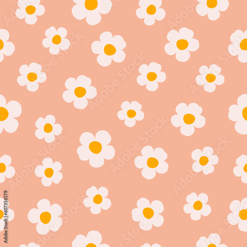 Floral pattern in the style of the 70s with daisy flowers. Retro floral naive vector design.