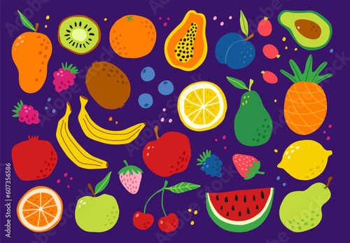 Fruit colorful hand drawn set. Flat cartoon doodle berries and fruits: strawberry, apple, citrus, tropical. Summer illustration with organic healthy vegan food.