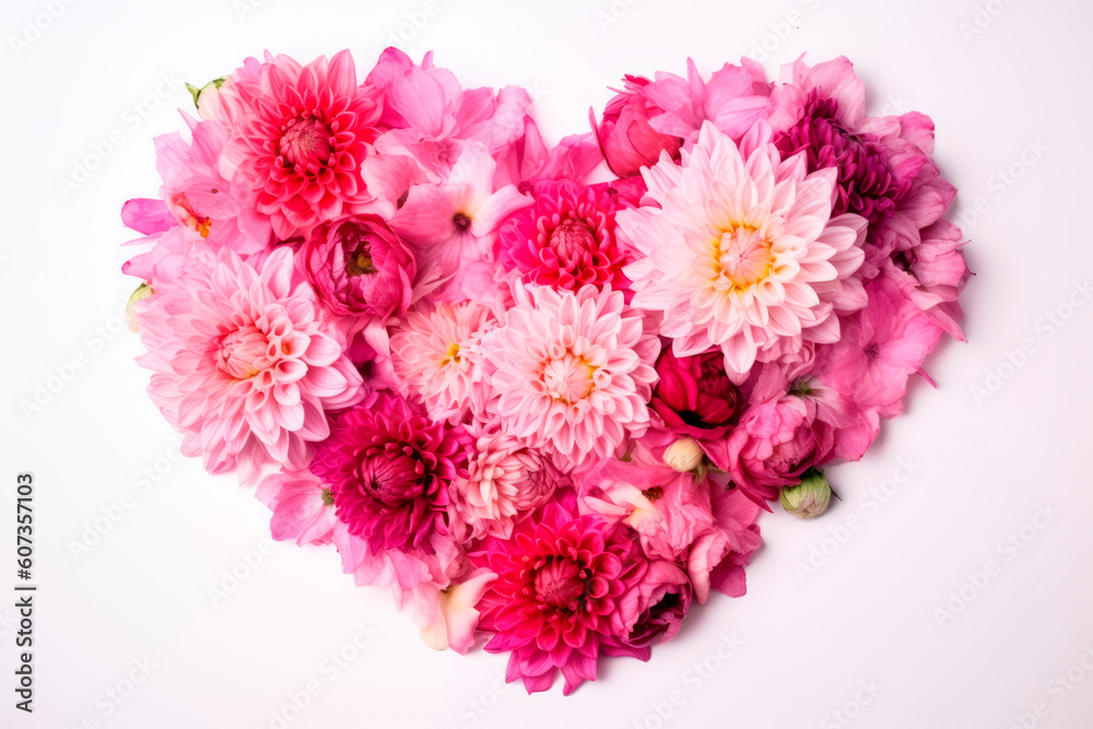 Heart-shaped red and pink flower arrangement. Wedding concept, Birthday concept, Congratulations concept. Women's Day, Mother's Day, Valentine's Day. Generative AI.