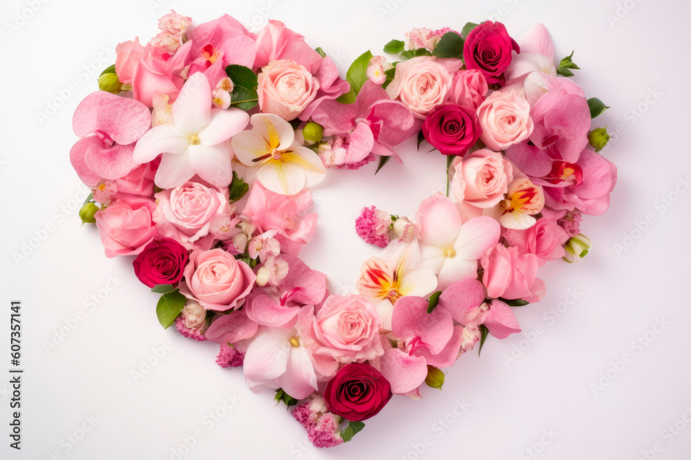 Heart-shaped red and pink flower arrangement. Wedding concept, Birthday concept, Congratulations concept. Women's Day, Mother's Day, Valentine's Day. Generative AI. Heart-shaped red and pink flower arrangement. Wedding concept, Birthday concept, Congratulations concept. Women's Day, Mother's Day, Valentine's Day. Generative AI.