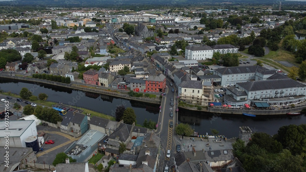 Aerial view of cityscape Kilkenny surrounded by buildings