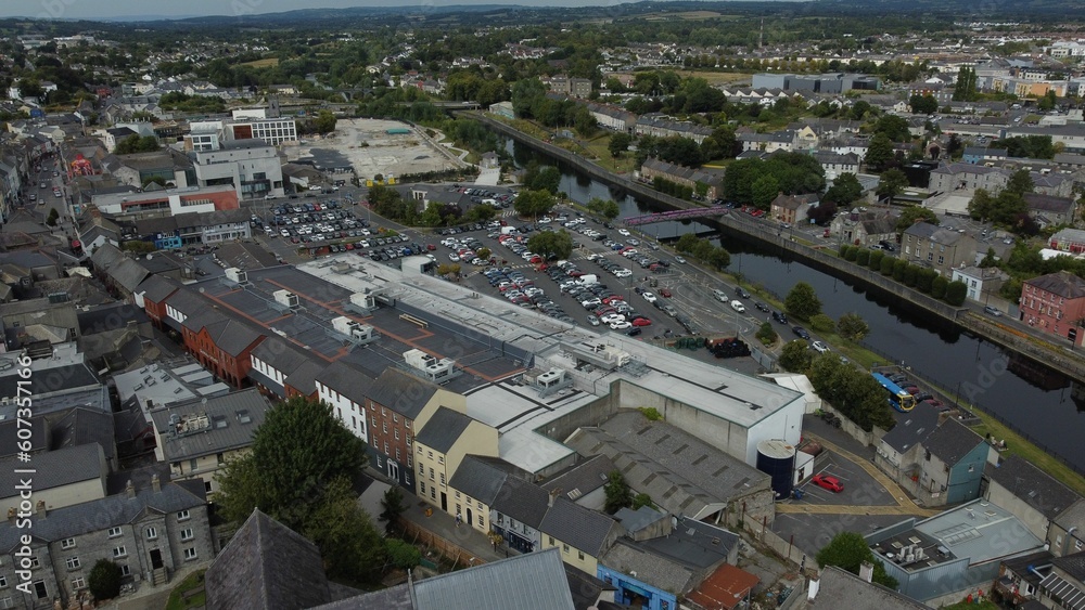 Aerial view of cityscape Kilkenny surrounded by buildings