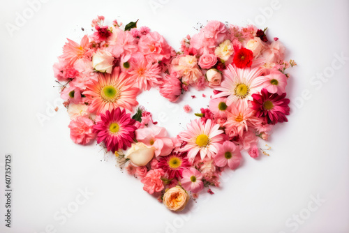 Heart-shaped red and pink flower arrangement. Wedding concept, Birthday concept, Congratulations concept. Women's Day, Mother's Day, Valentine's Day. Generative AI.