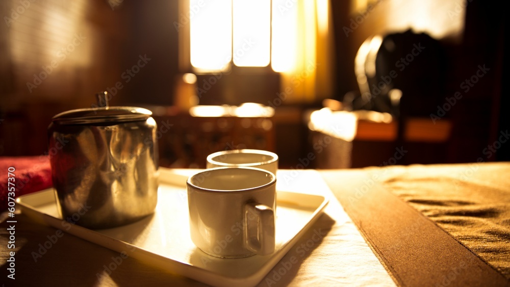 Closeup of tea mugs on a table with sunlight through the window