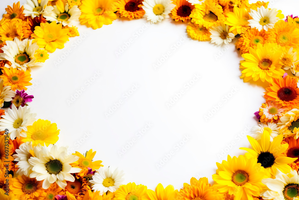 Obraz premium Yellow and orange flower frame layout with text space, copy space. Wedding concept, Birthday concept, Congratulations concept. Women's Day, Mother's Day, Valentine's Day. Generative AI.