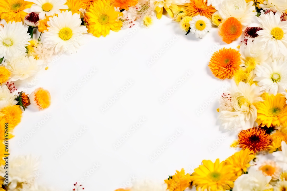 Yellow and orange flower frame layout with text space, copy space. Wedding concept, Birthday concept, Congratulations concept. Women's Day, Mother's Day, Valentine's Day. Generative AI. Yellow and orange flower frame layout with text space, copy space. Wedding concept, Birthday concept, Congratulations concept. Women's Day, Mother's Day, Valentine's Day. Generative AI.