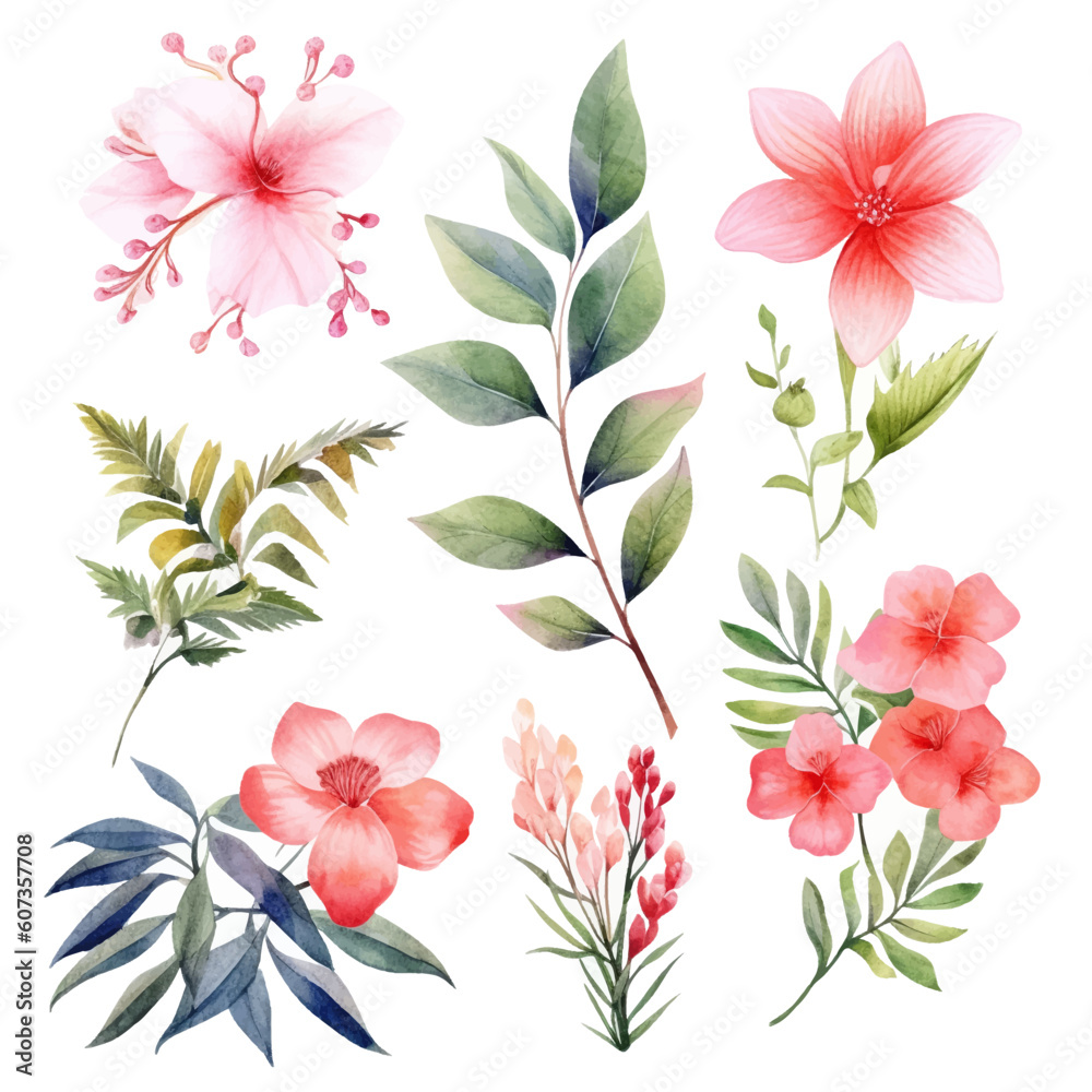 Fototapeta premium Set of tropical floral watecolor. tropical flower, tropical leaves. tropical poster, invitation floral. Vector arrangements for greeting card or invitation design