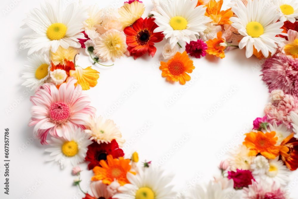 Heart-shaped colourful flower frame layout with text space, copy space. Wedding concept, Birthday concept, Congratulations concept. Women's Day, Mother's Day, Valentine's Day. Generative AI. Heart-shaped colourful flower frame layout with text space, copy space. Wedding concept, Birthday concept, Congratulations concept. Women's Day, Mother's Day, Valentine's Day. Generative AI.