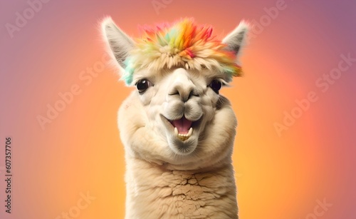 Charming smiling llama against a bright pastel background. Generative AI.