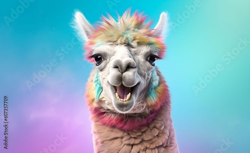 Charming smiling llama against a bright pastel background. Generative AI.