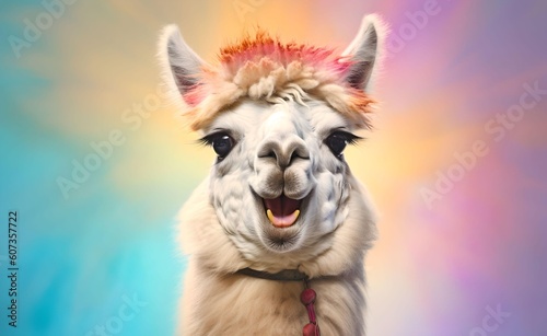 Charming smiling llama against a bright pastel background. Generative AI. © Curioso.Photography