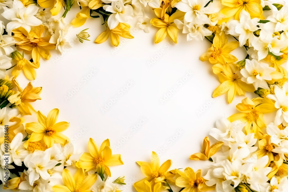 Vivid summer flower frame layout with text space, copy space. Wedding concept, Birthday concept, Congratulations concept. Women's Day, Mother's Day, Valentine's Day. Generative AI.