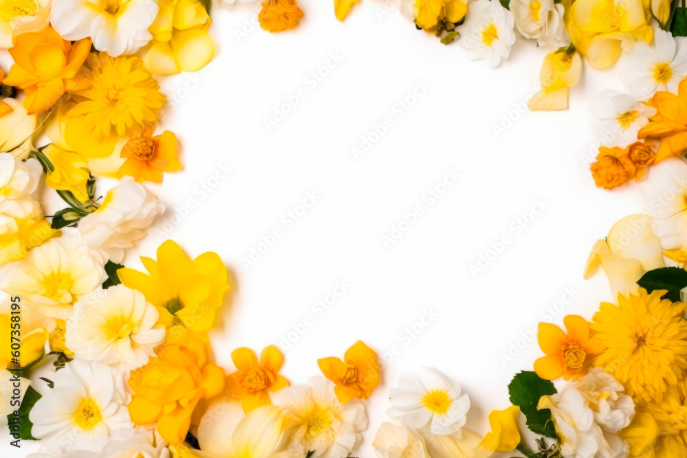 Vivid summer flower frame layout with text space, copy space. Wedding concept, Birthday concept, Congratulations concept. Women's Day, Mother's Day, Valentine's Day. Generative AI.