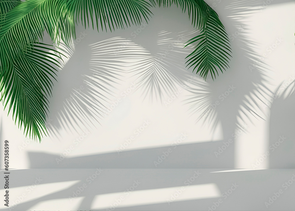 Empty minimal white podium, soft beautiful dappled sunlight, tropical palm leaves shadow on the wall, 3D background Empty minimal white podium, soft beautiful dappled sunlight, tropical palm leaves shadow on the wall, 3D background