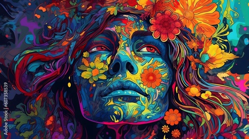 Woman face with flowers. Colorful background. Psychedelic digital art. Multicolored illustration of a woman face.