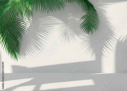 Empty minimal white podium  soft beautiful dappled sunlight  tropical palm leaves shadow on the wall  3D background