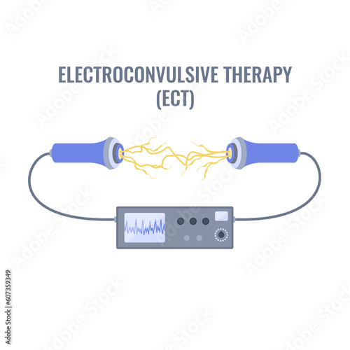 Electroconvulsive therapy for severe depression and schizophrenia treatment. ECT electrodes placement. Brain stimulation equipment for bipolar and major depressive disorders. Vector illustration.