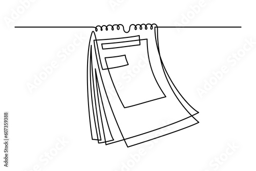 Paper calendar in continuous line art drawing style. Abstract date on calendar page black linear design isolated on white background. Vector illustration