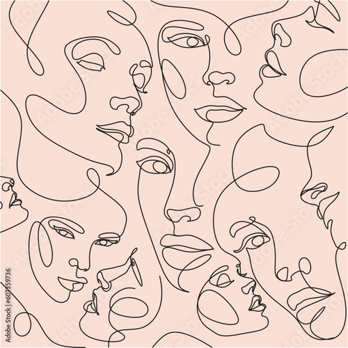 Abstract Seamless Pattern line art, drawing of faces, fashion minimalist concept, vector illustration. Modern fashionable contemporary illustration