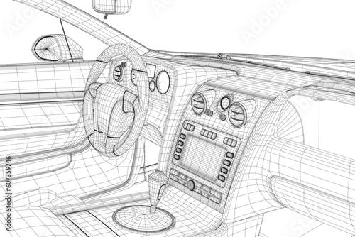 Luxurious beige contour car interior vector illustration. Car outline interior. View from drivers seat..